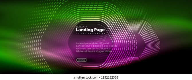 Neon glowing techno hexagon shape lines, hi-tech futuristic abstract background, landing page template. Vector illustration