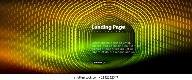Neon glowing techno hexagon shape lines, hi-tech futuristic abstract background, landing page template. Vector illustration