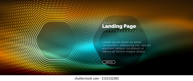 Neon glowing techno hexagon shape lines, hi-tech futuristic abstract background, landing page template. Vector illustration