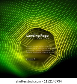 Neon glowing techno hexagon shape lines, hi-tech futuristic abstract background, landing page template. Vector illustration