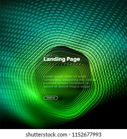 Líneas de forma hexágono tecno brillante neón, fondo abstracto futurista de alta tecnología, plantilla de página de aterrizaje. Ilustración del vector