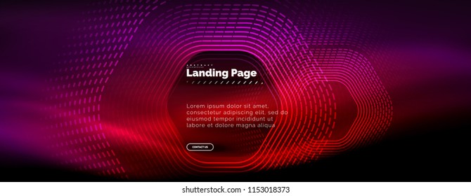 Neon glowing techno hexagon shape lines, hi-tech futuristic abstract background, landing page template. Vector illustration