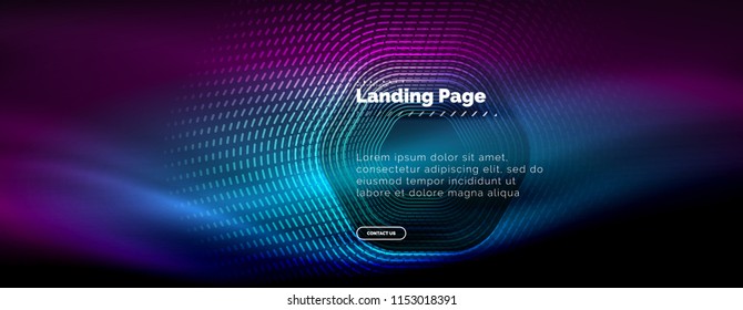 Líneas de forma hexágono tecno brillante neón, fondo abstracto futurista de alta tecnología, plantilla de página de aterrizaje. Ilustración del vector
