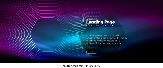 Neon glowing techno hexagon shape lines, hi-tech futuristic abstract background, landing page template. Vector illustration