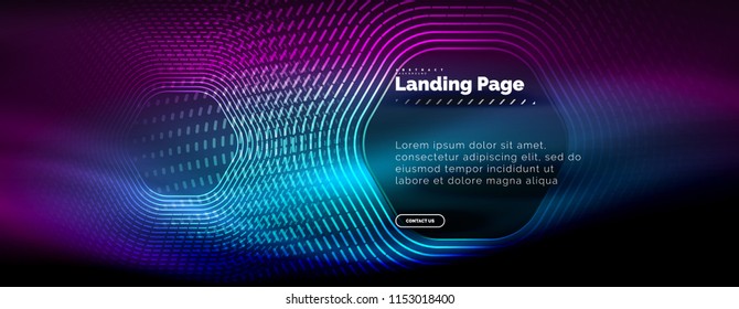 Neon glowing techno hexagon shape lines, hi-tech futuristic abstract background, landing page template. Vector illustration