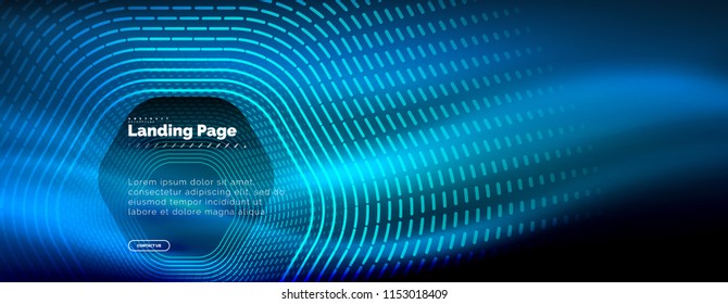 Líneas de forma hexágono tecno brillante neón, fondo abstracto futurista de alta tecnología, plantilla de página de aterrizaje. Ilustración del vector