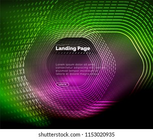 Neon glowing techno hexagon shape lines, hi-tech futuristic abstract background, landing page template. Vector illustration