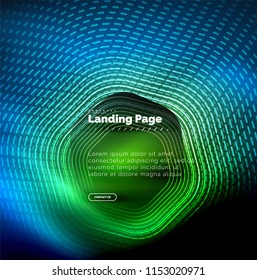Neon glowing techno hexagon shape lines, hi-tech futuristic abstract background, landing page template. Vector illustration