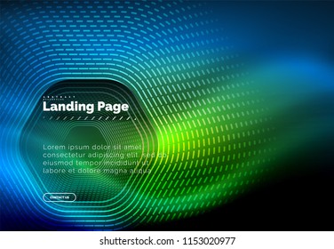 Neon glowing techno hexagon shape lines, hi-tech futuristic abstract background, landing page template. Vector illustration