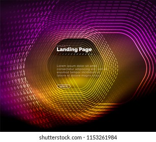 Neon glowing techno hexagon shape lines, hi-tech futuristic abstract background, landing page template. Vector illustration