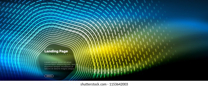 Neon glowing techno hexagon shape lines, hi-tech futuristic abstract background, landing page template. Vector illustration