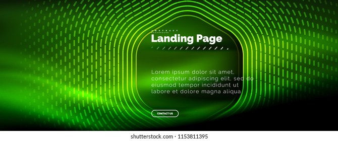 Neon glowing techno hexagon shape lines, hi-tech futuristic abstract background, landing page template. Vector illustration