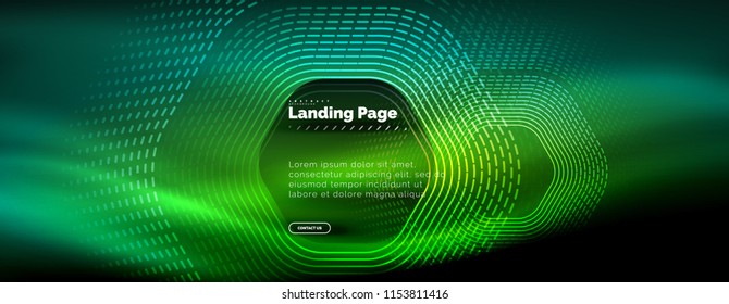 Neon glowing techno hexagon shape lines, hi-tech futuristic abstract background, landing page template. Vector illustration