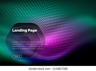 Neon glowing techno hexagon shape lines, hi-tech futuristic abstract background, landing page template. Vector illustration