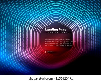 Neon glowing techno hexagon shape lines, hi-tech futuristic abstract background, landing page template. Vector illustration