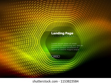 Neon glowing techno hexagon shape lines, hi-tech futuristic abstract background, landing page template. Vector illustration