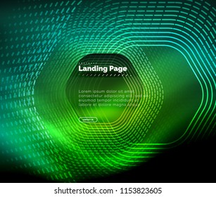 Líneas de forma hexágono tecno brillante neón, fondo abstracto futurista de alta tecnología, plantilla de página de aterrizaje. Ilustración del vector