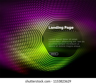 Líneas de forma hexágono tecno brillante neón, fondo abstracto futurista de alta tecnología, plantilla de página de aterrizaje. Ilustración del vector