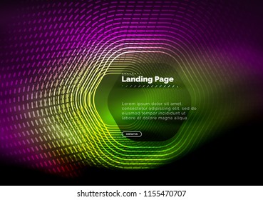Líneas de forma hexágono tecno brillante neón, fondo abstracto futurista de alta tecnología, plantilla de página de aterrizaje. Ilustración del vector