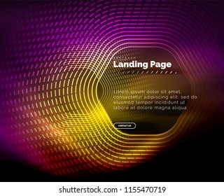 Líneas de forma hexágono tecno brillante neón, fondo abstracto futurista de alta tecnología, plantilla de página de aterrizaje. Ilustración del vector