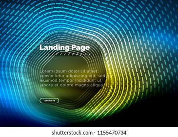 Neon glowing techno hexagon shape lines, hi-tech futuristic abstract background, landing page template. Vector illustration