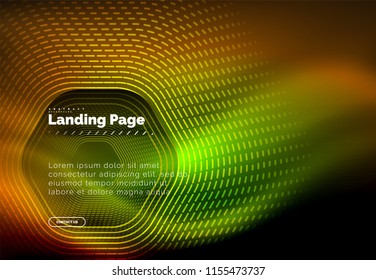 Neon glowing techno hexagon shape lines, hi-tech futuristic abstract background, landing page template. Vector illustration