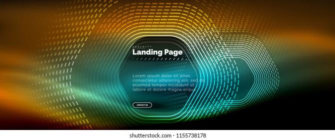 Neon glowing techno hexagon shape lines, hi-tech futuristic abstract background, landing page template. Vector illustration