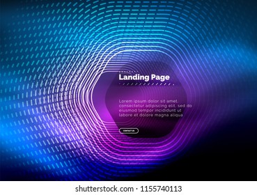 Neon glowing techno hexagon shape lines, hi-tech futuristic abstract background, landing page template. Vector illustration