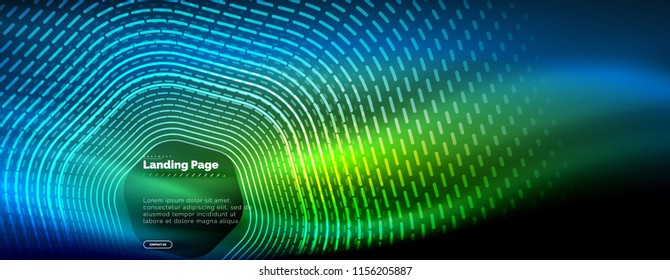 Neon glowing techno hexagon shape lines, hi-tech futuristic abstract background, landing page template. Vector illustration