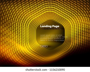 Neon glowing techno hexagon shape lines, hi-tech futuristic abstract background, landing page template. Vector illustration