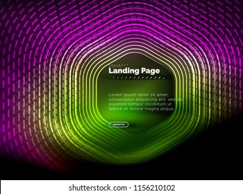 Neon glowing techno hexagon shape lines, hi-tech futuristic abstract background, landing page template. Vector illustration