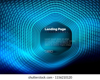 Neon glowing techno hexagon shape lines, hi-tech futuristic abstract background, landing page template. Vector illustration