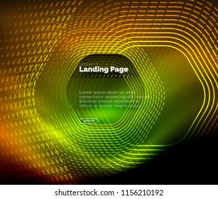 Neon glowing techno hexagon shape lines, hi-tech futuristic abstract background, landing page template. Vector illustration