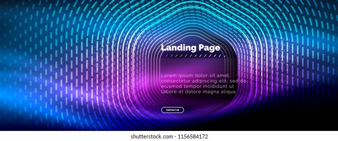 Neon glowing techno hexagon shape lines, hi-tech futuristic abstract background, landing page template. Vector illustration