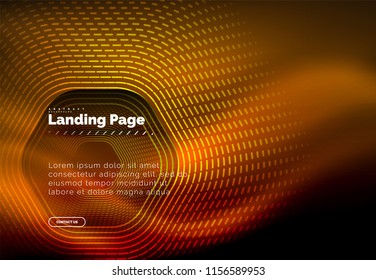 Neon glowing techno hexagon shape lines, hi-tech futuristic abstract background, landing page template. Vector illustration