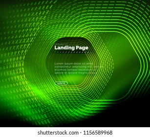 Líneas de forma hexágono tecno brillante neón, fondo abstracto futurista de alta tecnología, plantilla de página de aterrizaje. Ilustración del vector