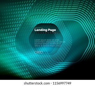 Neon glowing techno hexagon shape lines, hi-tech futuristic abstract background, landing page template. Vector illustration