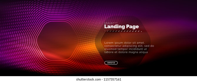 Neon glowing techno hexagon shape lines, hi-tech futuristic abstract background, landing page template. Vector illustration