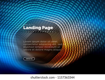 Líneas de forma hexágono tecno brillante neón, fondo abstracto futurista de alta tecnología, plantilla de página de aterrizaje. Ilustración del vector