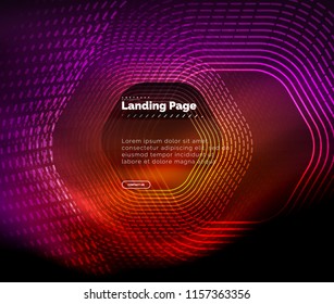 Neon glowing techno hexagon shape lines, hi-tech futuristic abstract background, landing page template. Vector illustration