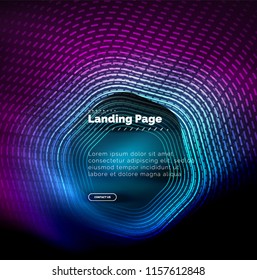 Neon glowing techno hexagon shape lines, hi-tech futuristic abstract background, landing page template. Vector illustration