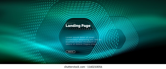 Líneas de forma hexágono tecno brillante neón, fondo abstracto futurista de alta tecnología, plantilla de página de aterrizaje. Ilustración del vector