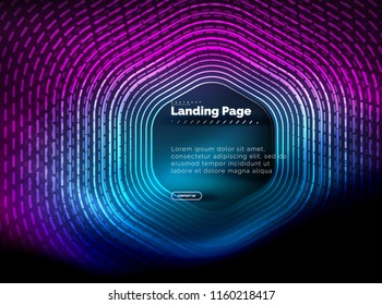 Neon glowing techno hexagon shape lines, hi-tech futuristic abstract background, landing page template. Vector illustration