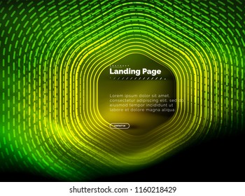 Neon glowing techno hexagon shape lines, hi-tech futuristic abstract background, landing page template. Vector illustration