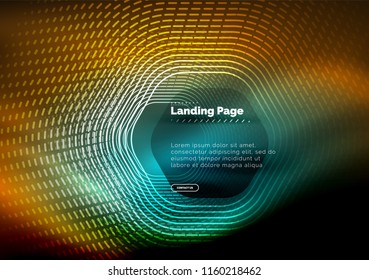 Líneas de forma hexágono tecno brillante neón, fondo abstracto futurista de alta tecnología, plantilla de página de aterrizaje. Ilustración del vector