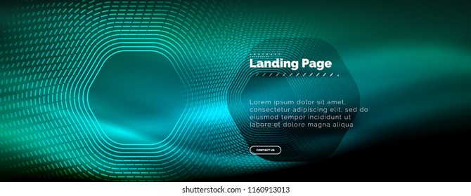 Neon glowing techno hexagon shape lines, hi-tech futuristic abstract background, landing page template. Vector illustration