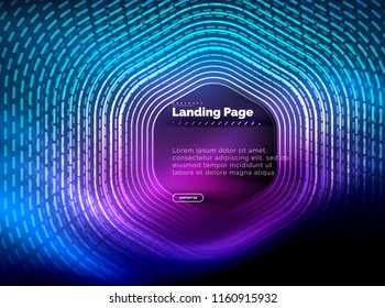 Líneas de forma hexágono tecno brillante neón, fondo abstracto futurista de alta tecnología, plantilla de página de aterrizaje. Ilustración del vector