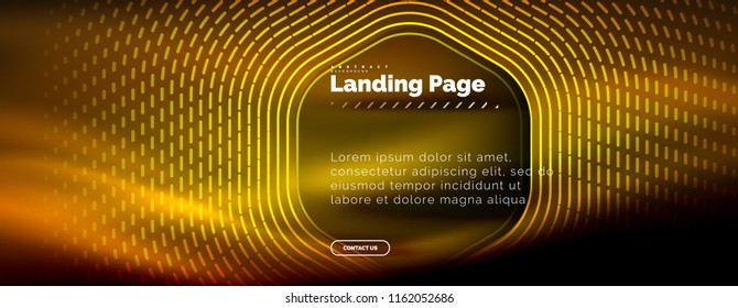 Neon glowing techno hexagon shape lines, hi-tech futuristic abstract background, landing page template. Vector illustration
