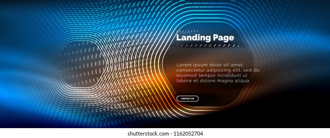 Neon glowing techno hexagon shape lines, hi-tech futuristic abstract background, landing page template. Vector illustration
