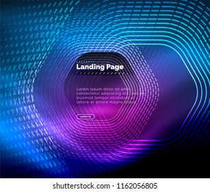 Neon glowing techno hexagon shape lines, hi-tech futuristic abstract background, landing page template. Vector illustration